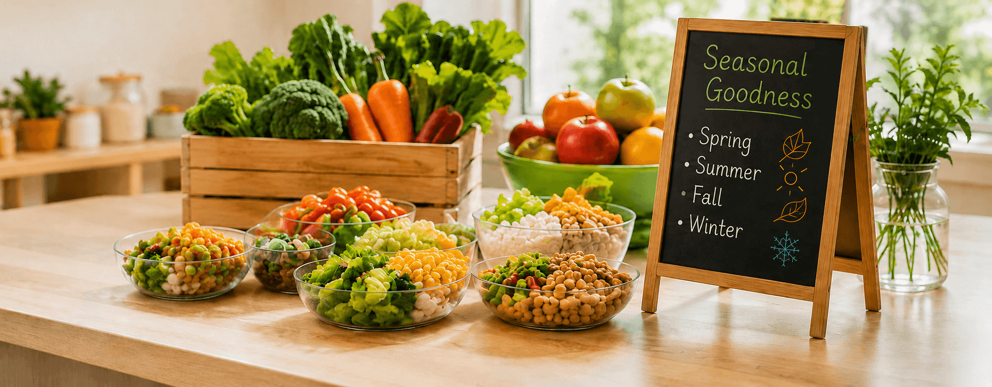 Colorful healthy meals with fresh fruits, vegetables, and kid-friendly seasonal ingredients.