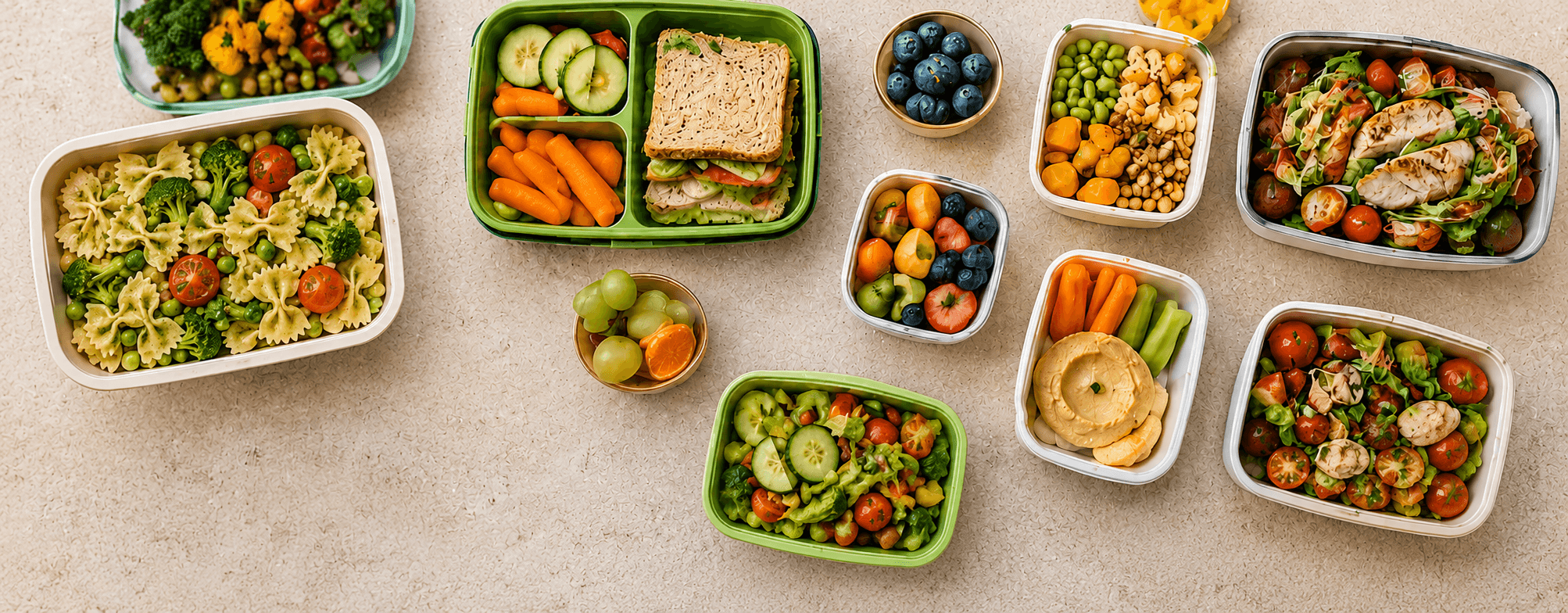 Fresh school catering trays prepared with balanced meals and colorful ingredients.